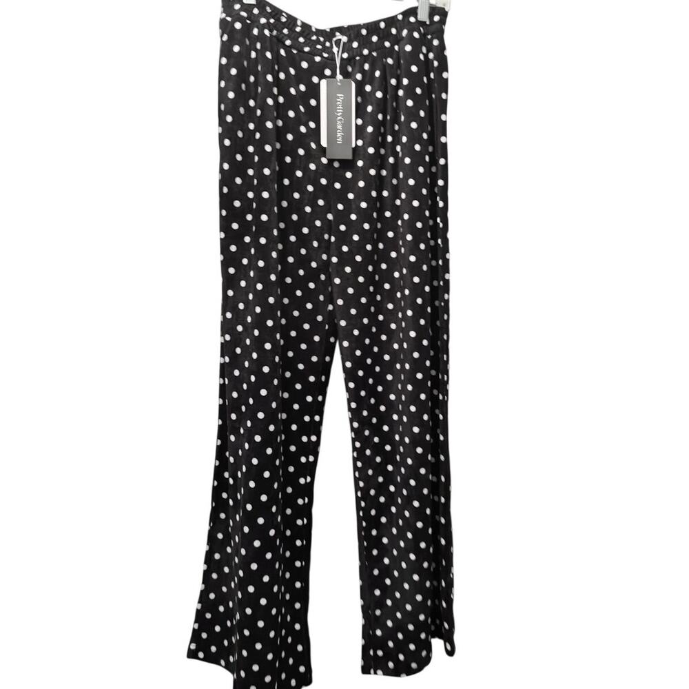 Pretty Garden Women's Casual Wide Leg Palazzo Pants Black/White Polka Dot Size L